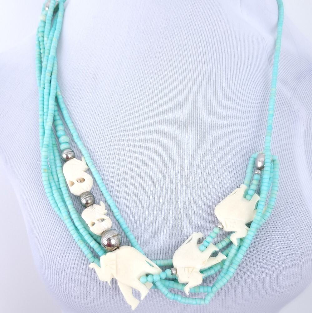 Layered Beaded Necklace Elephant, Blue White/Cream - Animal Theme